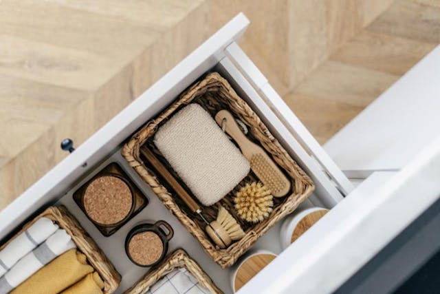 High above view of eco-friendly products for kitchen including bamboo dishwashing brushes, towels, and jars in a drawer in a room with wooden floor. 