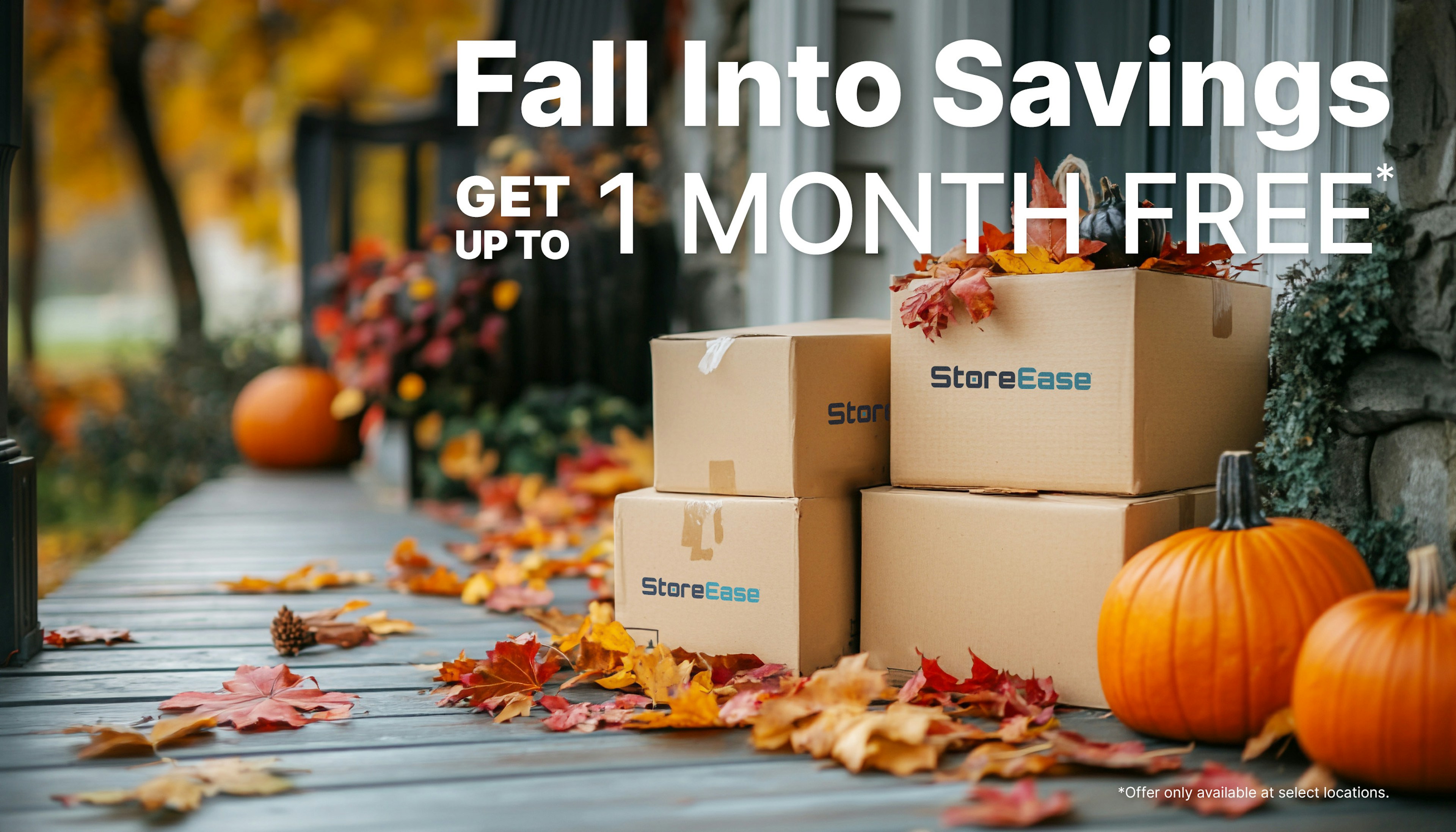 Fall leaves surrounding storage boxes on porch