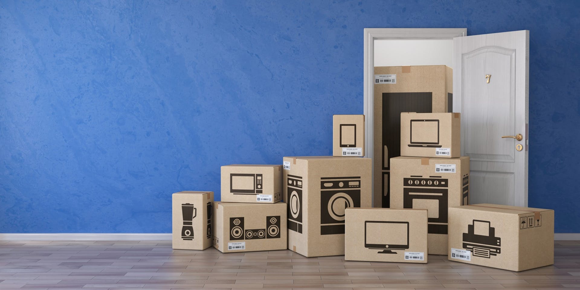 Household kitchen appliances and home electronics in cardboard boxes ready for storage.