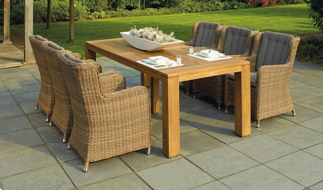 Wicker chairs around a wooden table on a back patio.