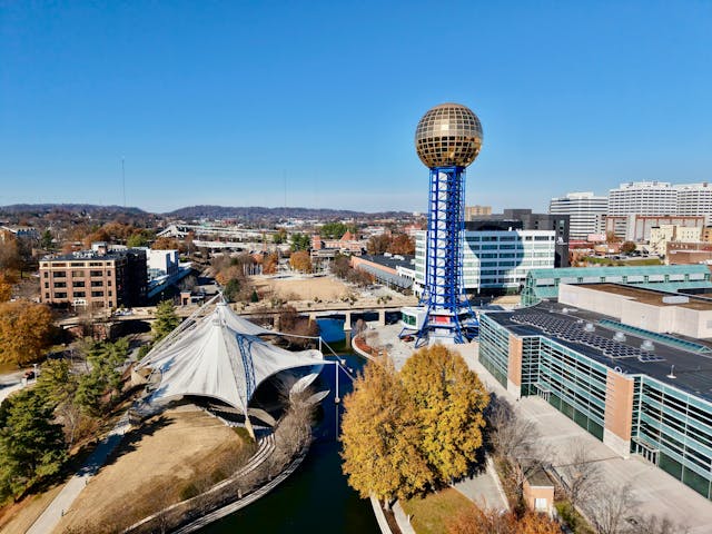 Aerial View of Sunsphere in Knoxville, Tennessee during the fall