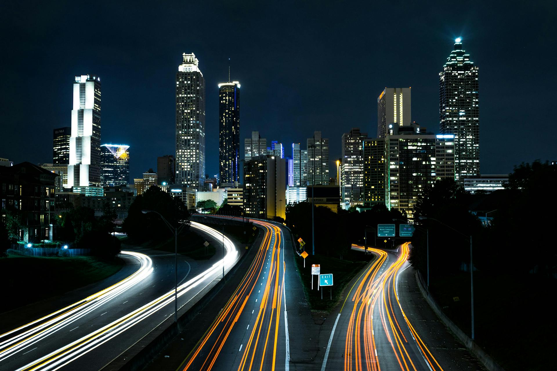 Atlanta Georgia skyline from the interstate at night.
