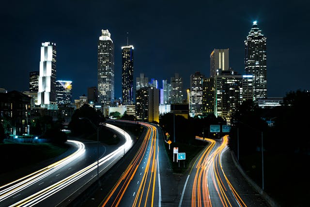 Atlanta Georgia skyline from the interstate at night.