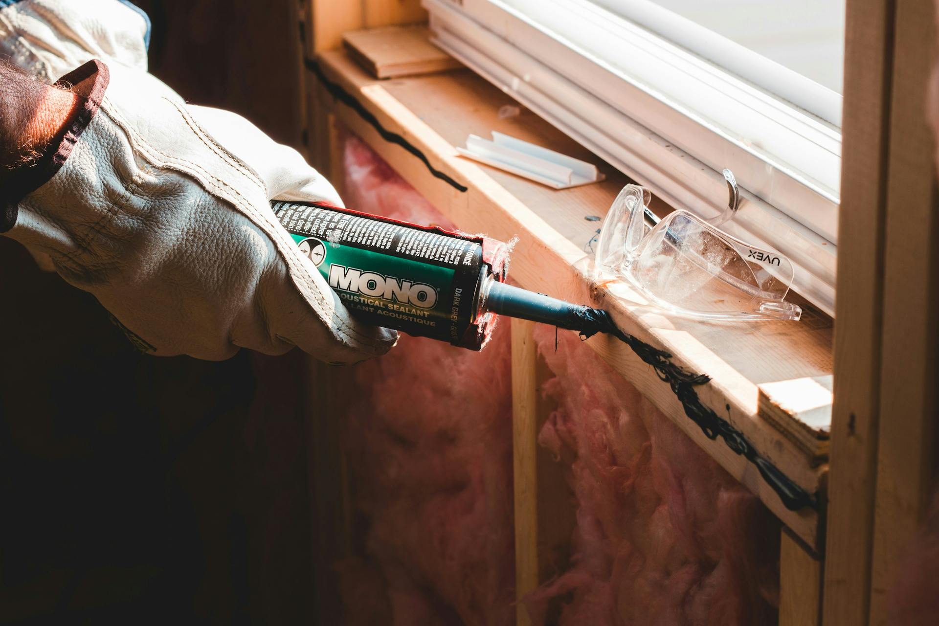A close-up of someone caulking around a window