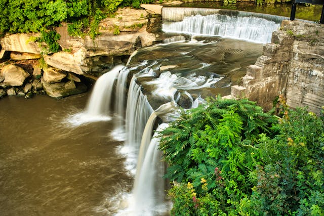 A waterfall along the East Falls River Walk in Elyria Ohio