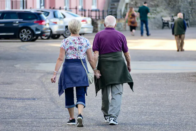 A retired couple enjoying an urban walk through Lakeland, Florida.