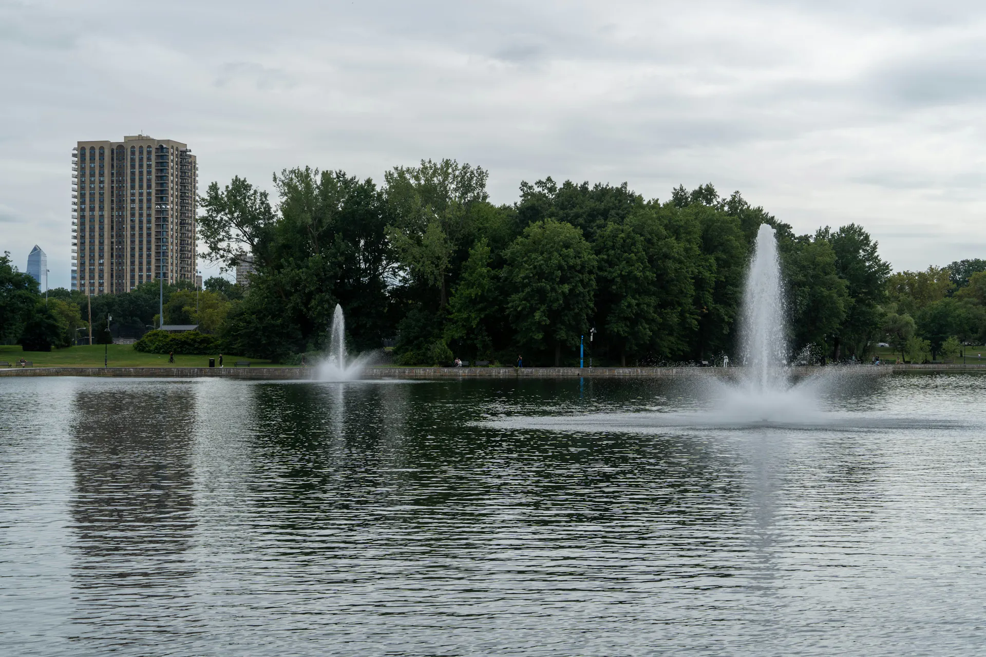 Two fountains on a large lake in Lakeland, Florida.