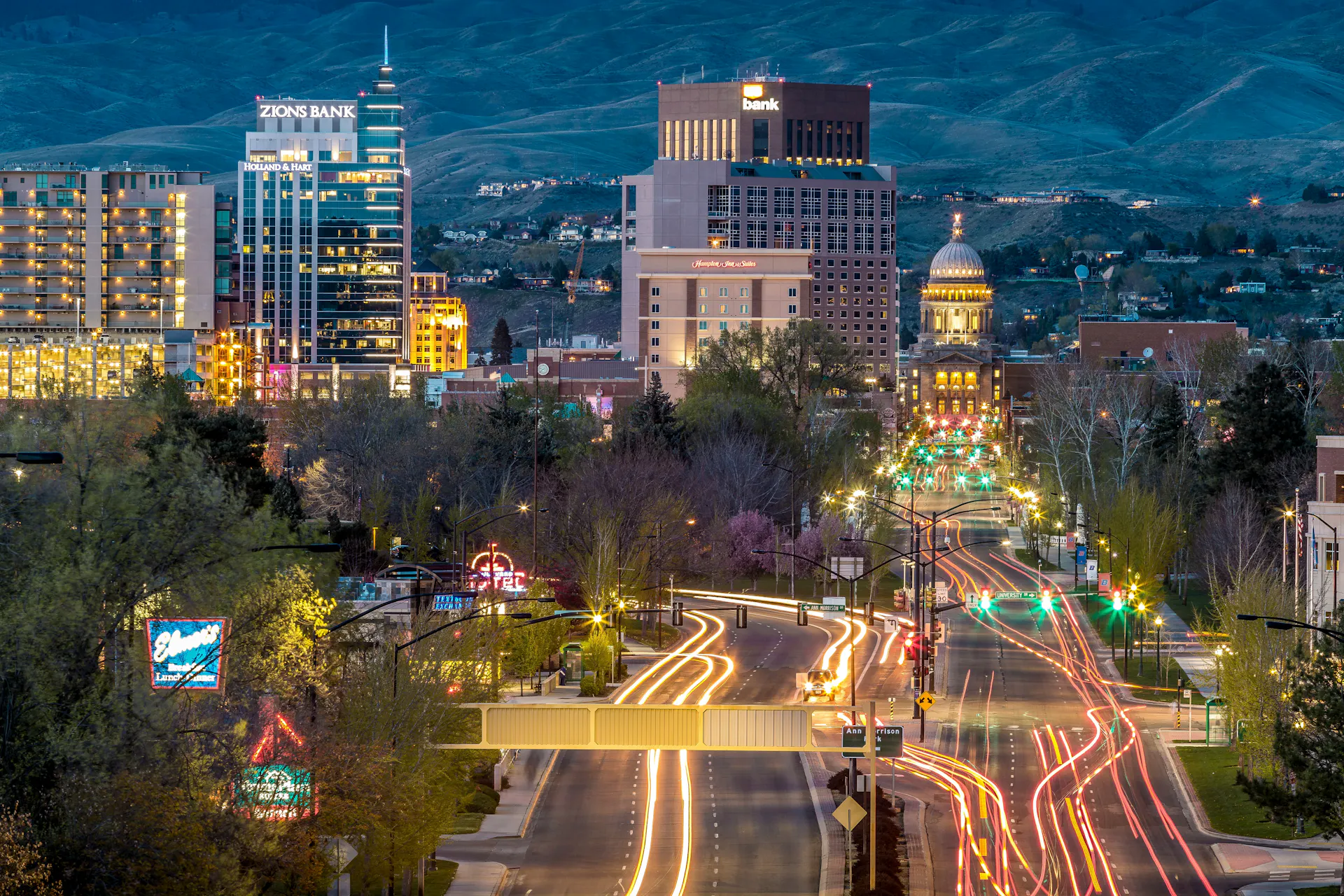The Boise, Idaho, skyline lit up at dusk