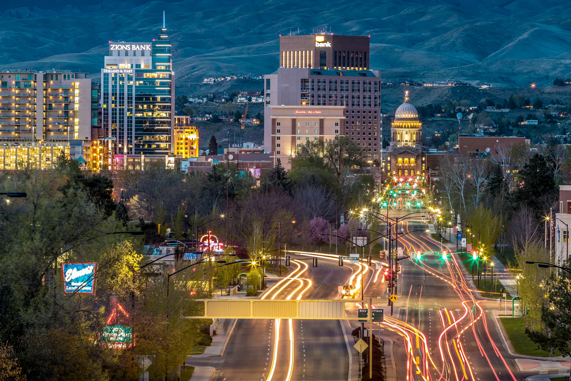 The Boise, Idaho, skyline lit up at dusk