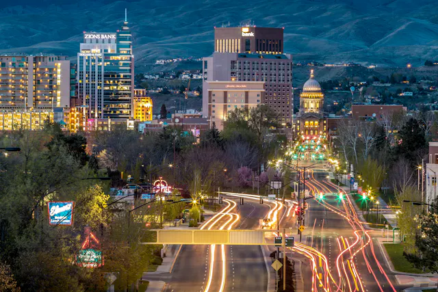 The Boise, Idaho, skyline lit up at dusk