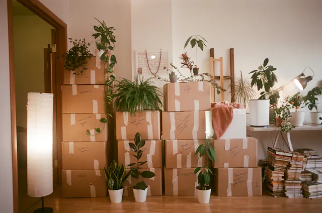 Boxes packed and ready for a cross-country move.