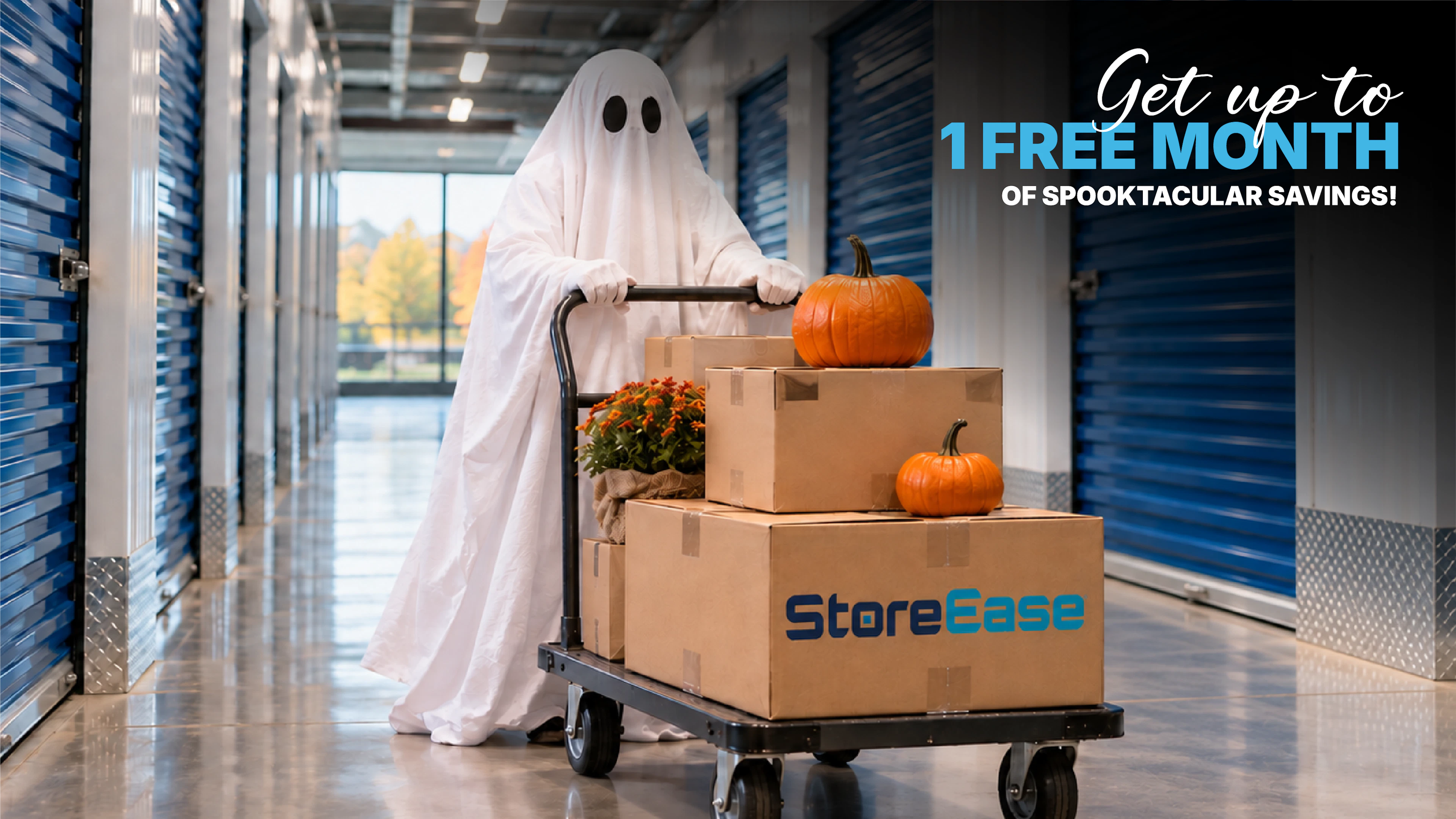 ghost in costume pushing a cart in a storage unit
