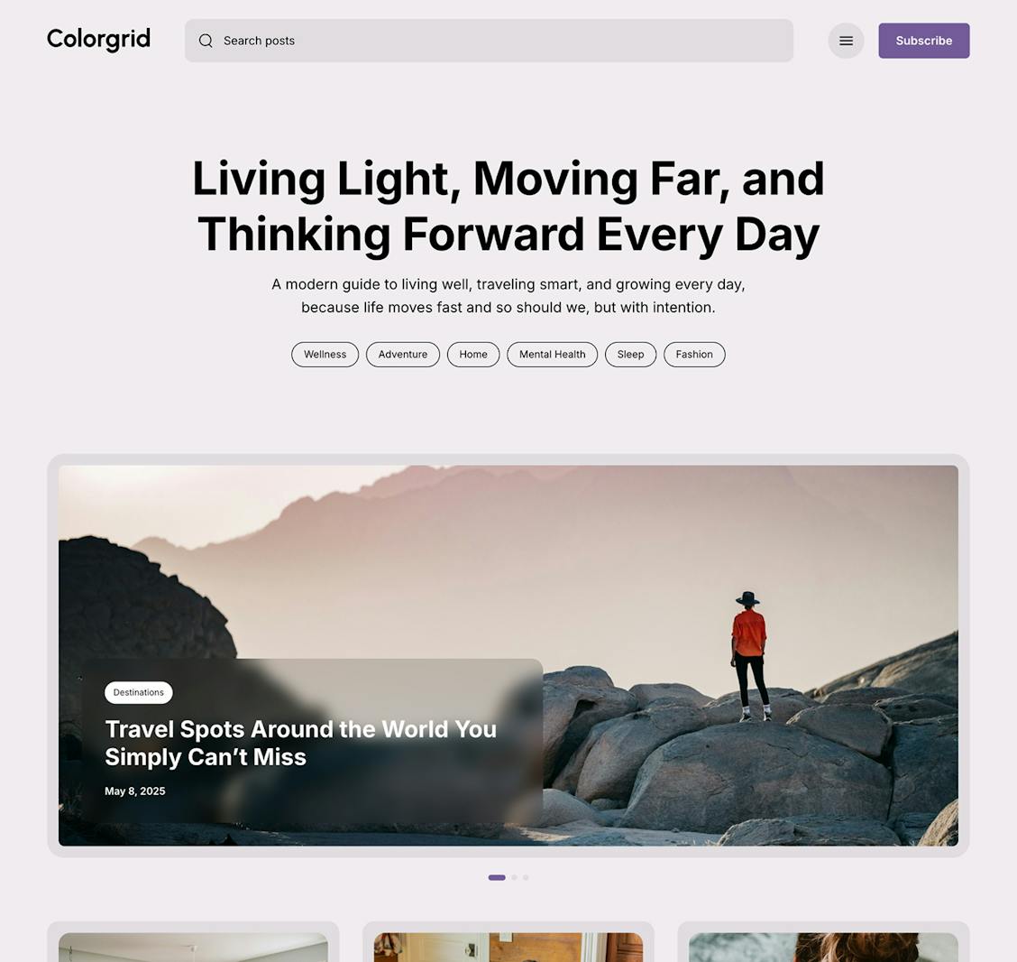 A screenshot of the Colorgrid Ghost theme