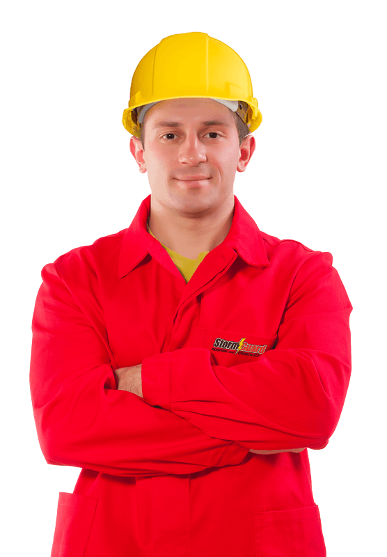 Roofing Contractor wearing a yellow hard hat and Storm Guard uniform