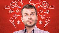 Man with red background and thinking icons surrounding his head