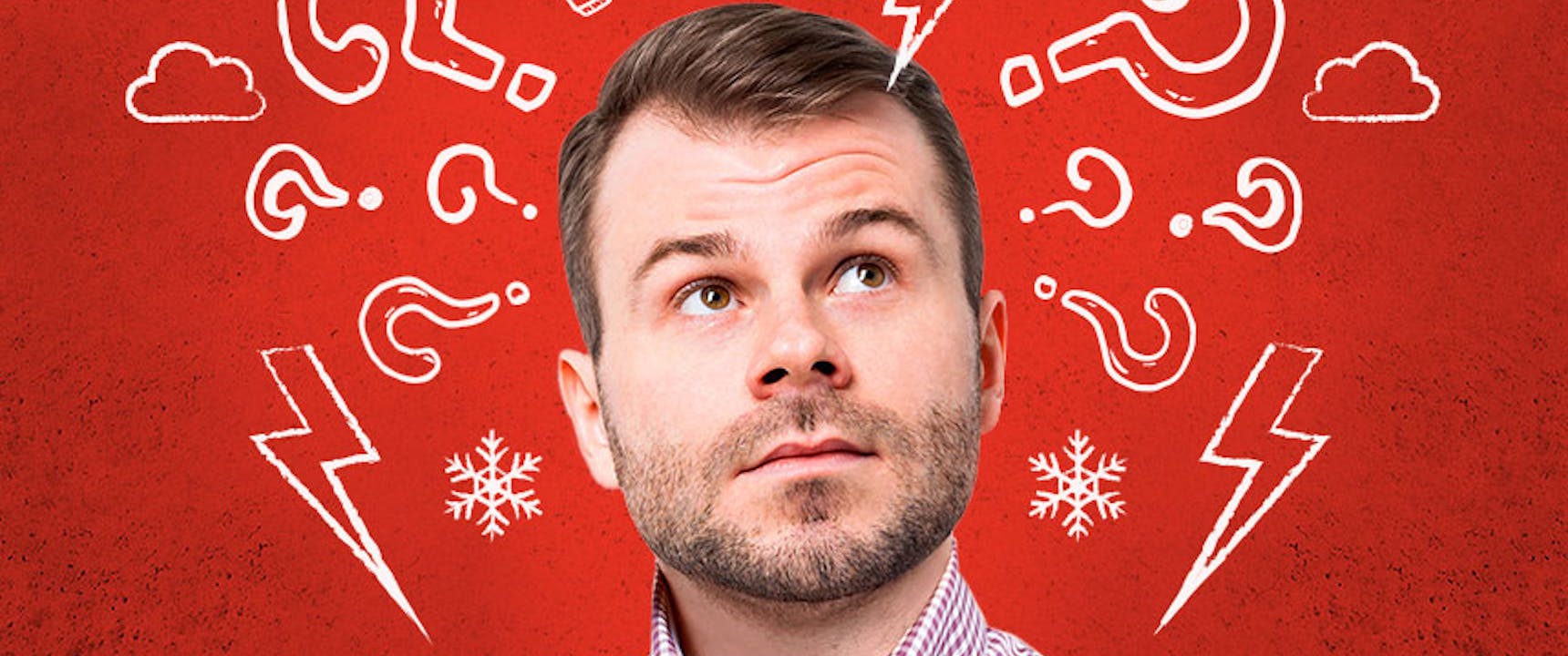 Man with red background and thinking icons surrounding his head