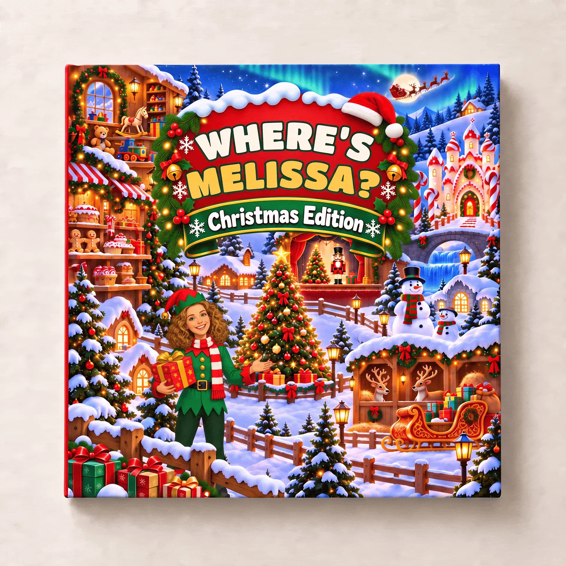 Front cover of a personalized Christmas search-and-find book with an elf character