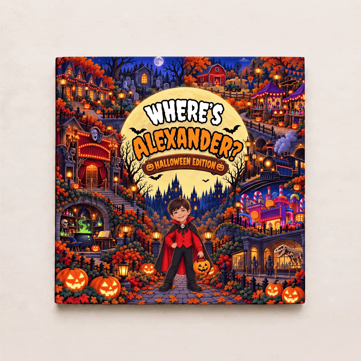 Front cover of a personalized Halloween search-and-find book with a vampire character