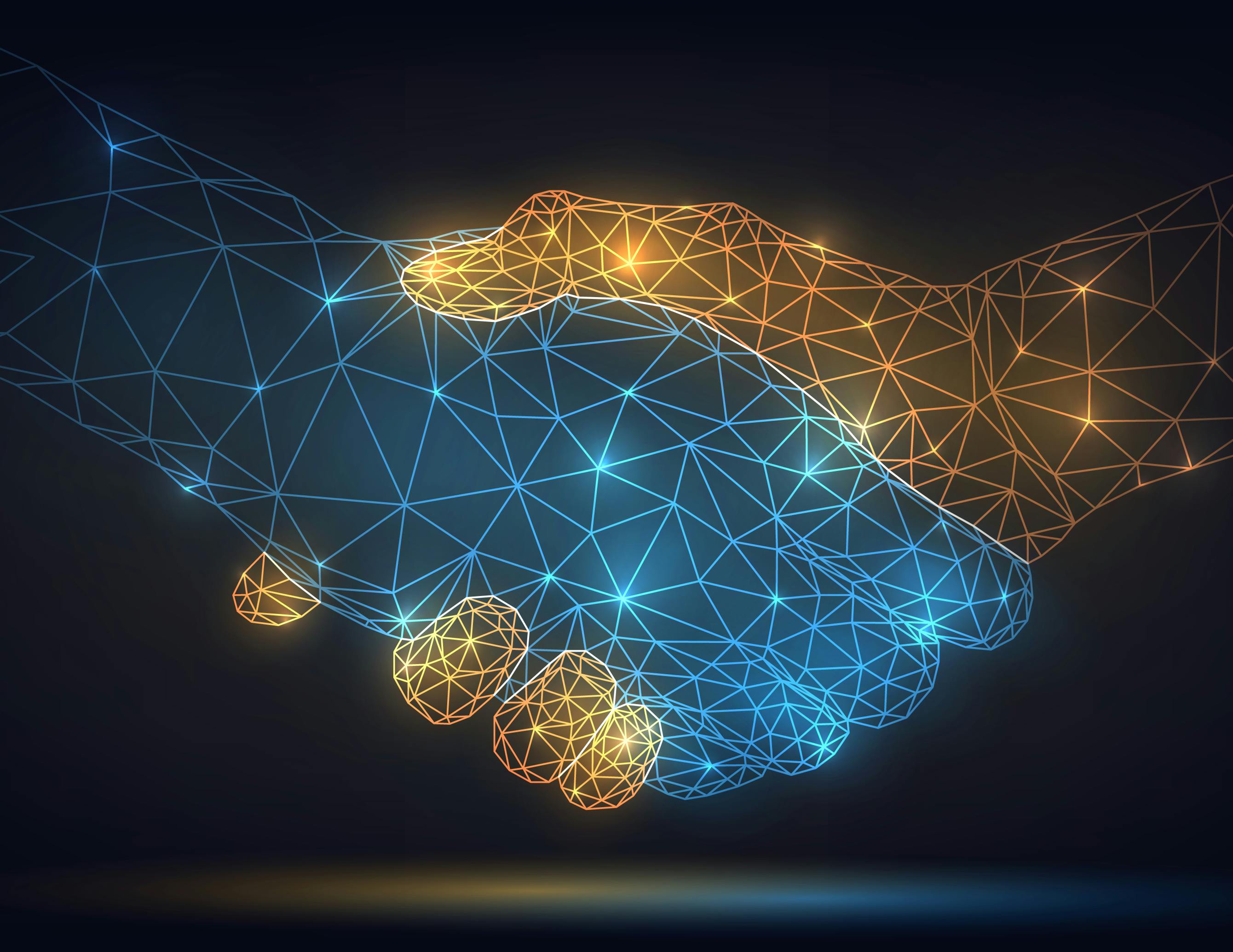 wireframe glowing handshake