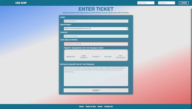 Submarine Trouble Ticket App Home Ticket Entry Page