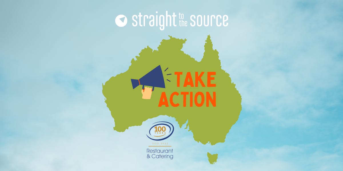 australian map with megaphone saying take action. Straight to the source and restaurant and catering logo