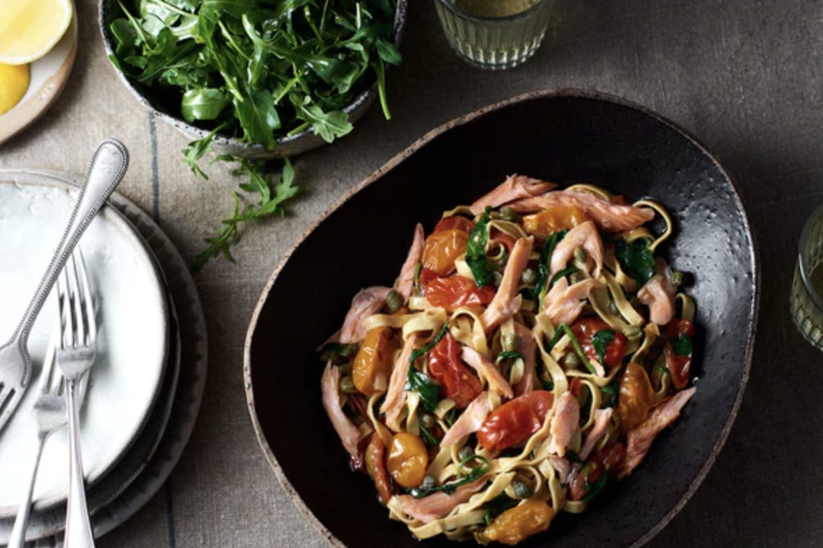 Nooey recipe for smoked trout with garlic, lemon, anchovies, and low-carb pasta