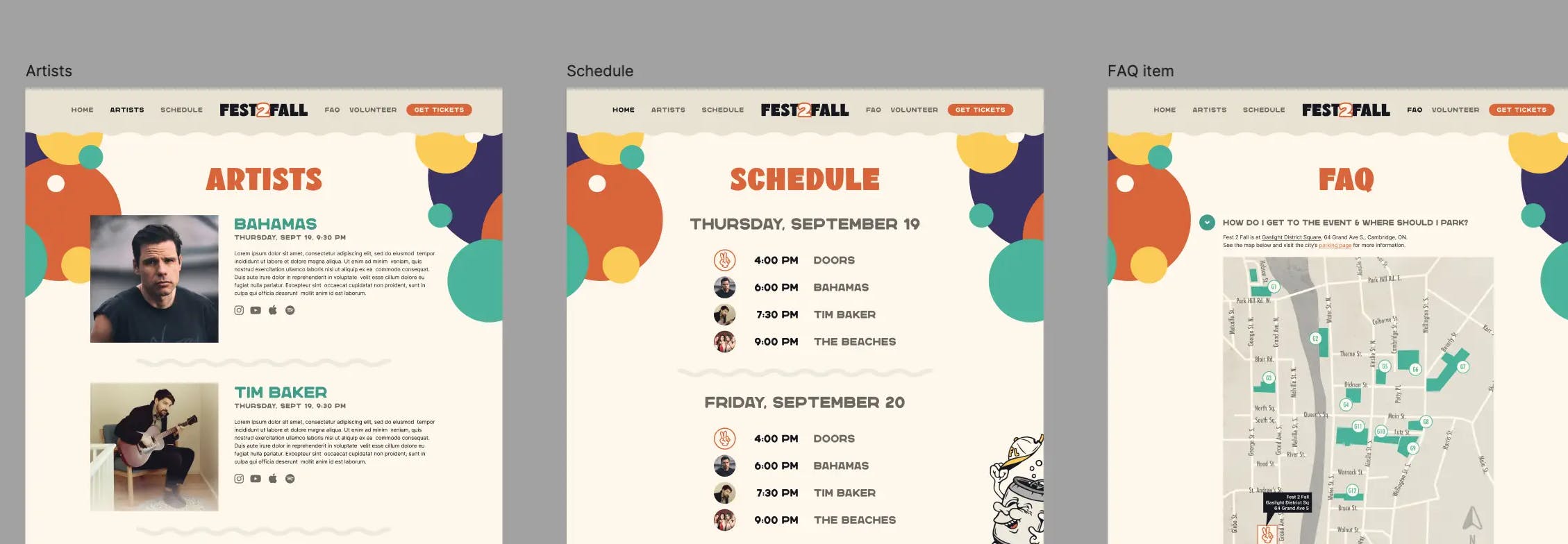 Tiled image of various pages in the Fest2Fall redesign.
