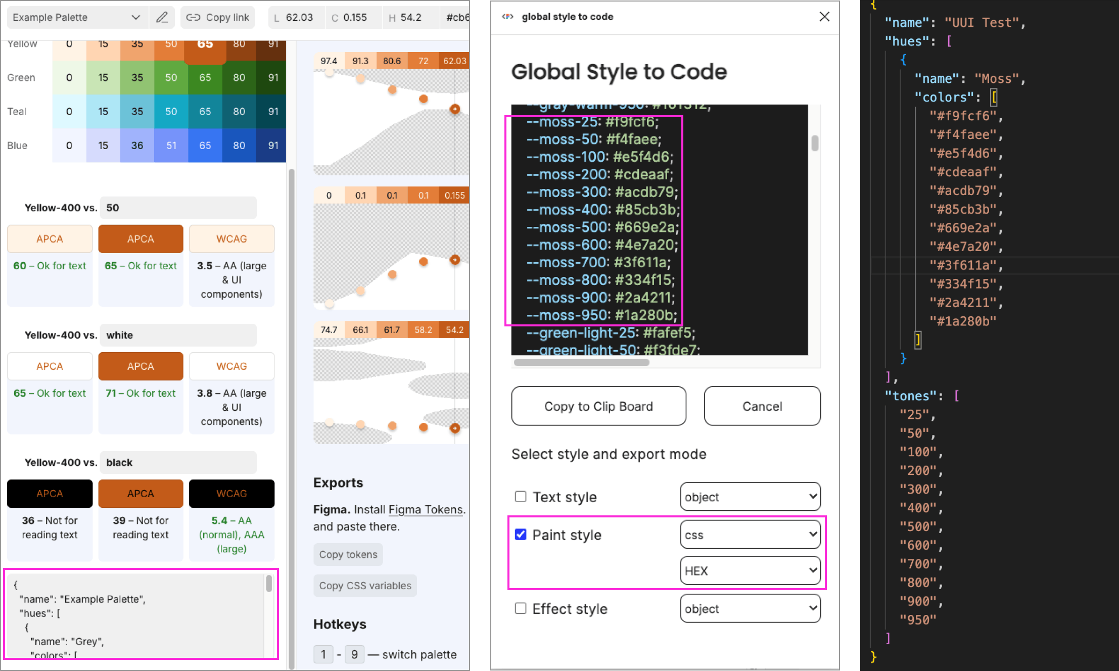 Screenshots of the process of importing colors from Figma into Huetone 