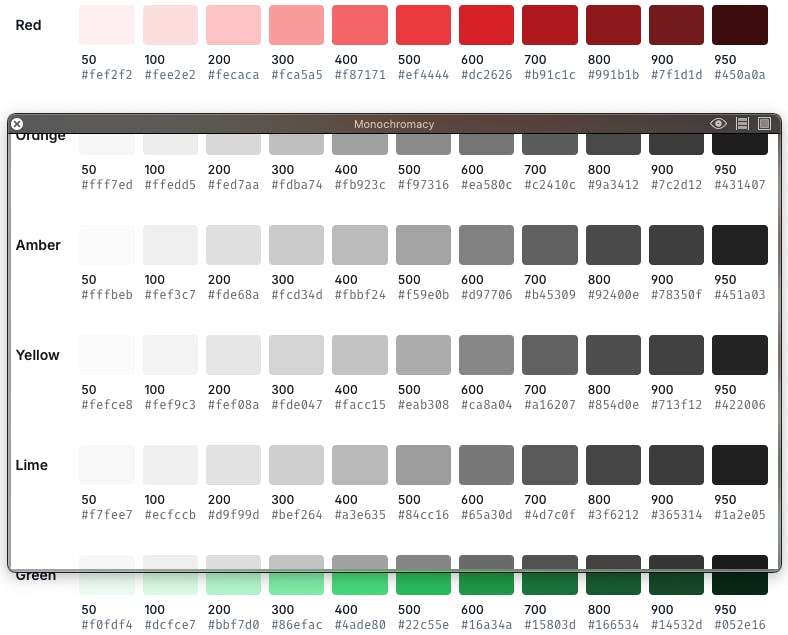 A grayscale filter over Tailwind's color palette