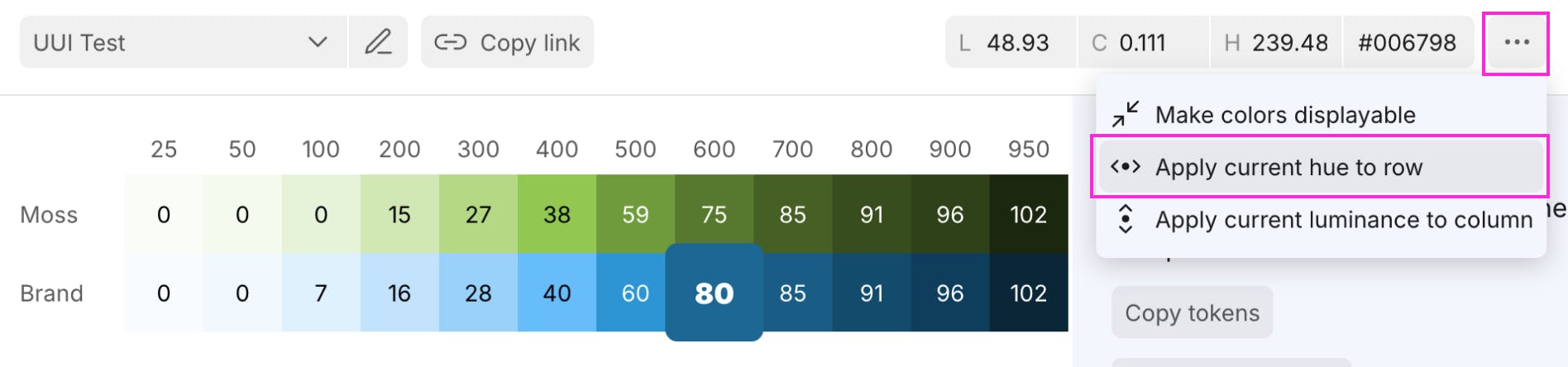 Applying a selected hue to a row of colors in Huetone