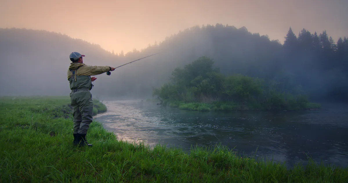 man fly fishing at a river's edge at sunrise with fog rolling