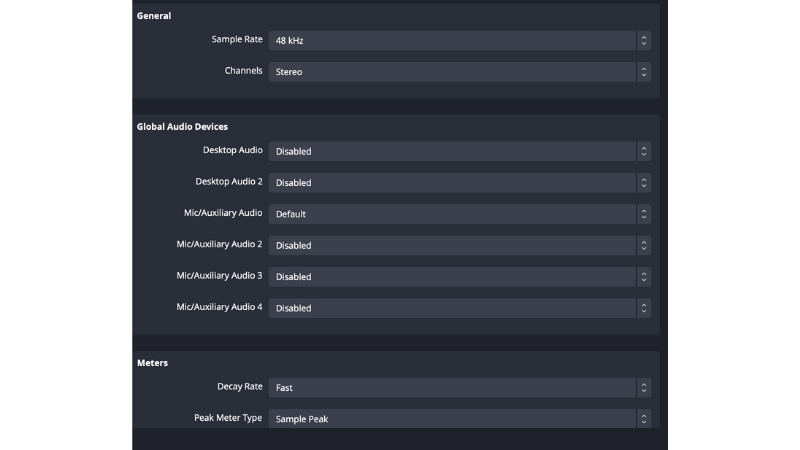 OBS audio settings screen with device selection, bitrate adjustments, and noise suppression filters