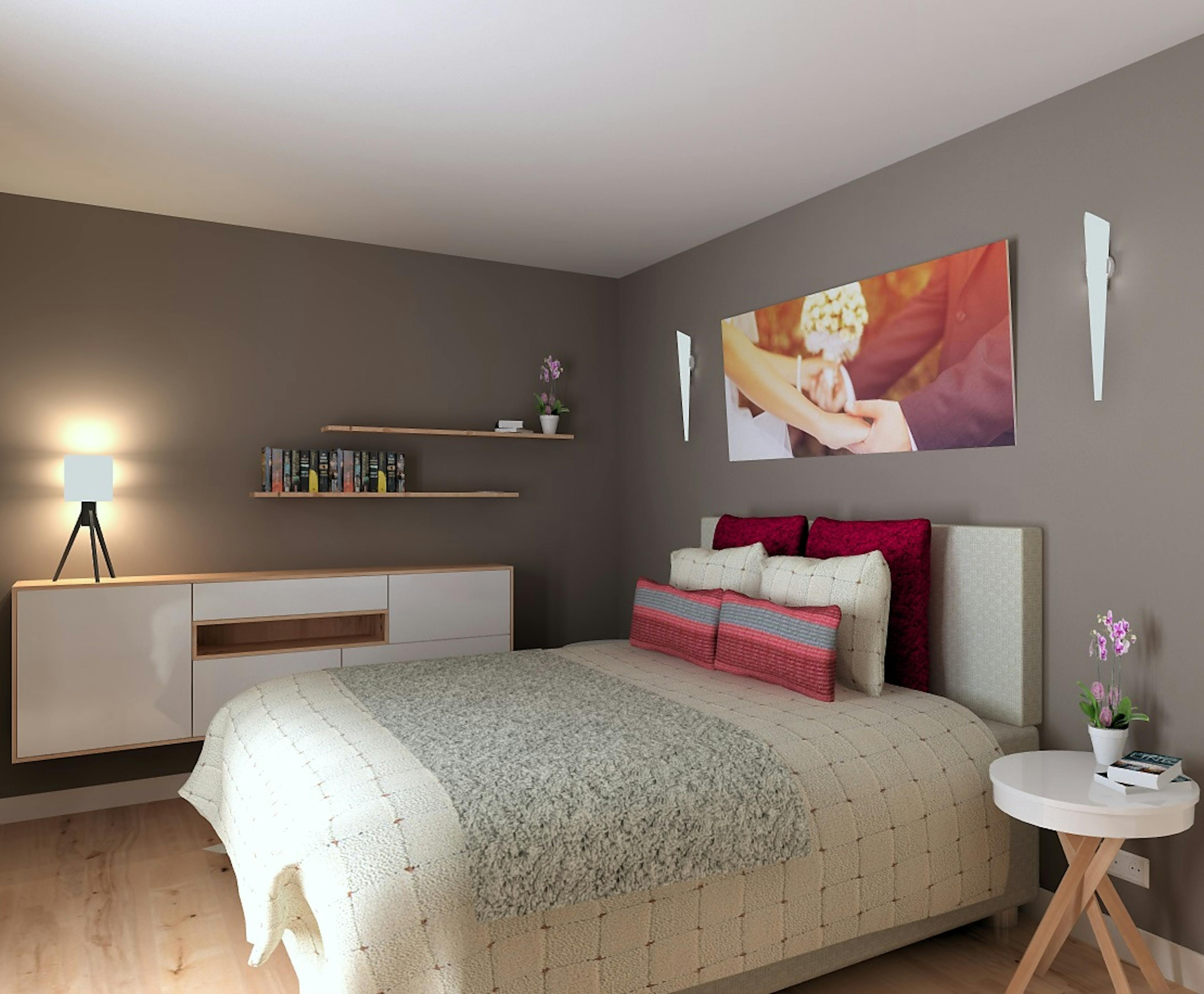 3D render of a contemporary bedroom, with a white high-gloss storage unit. Supplied by Compusoft. 