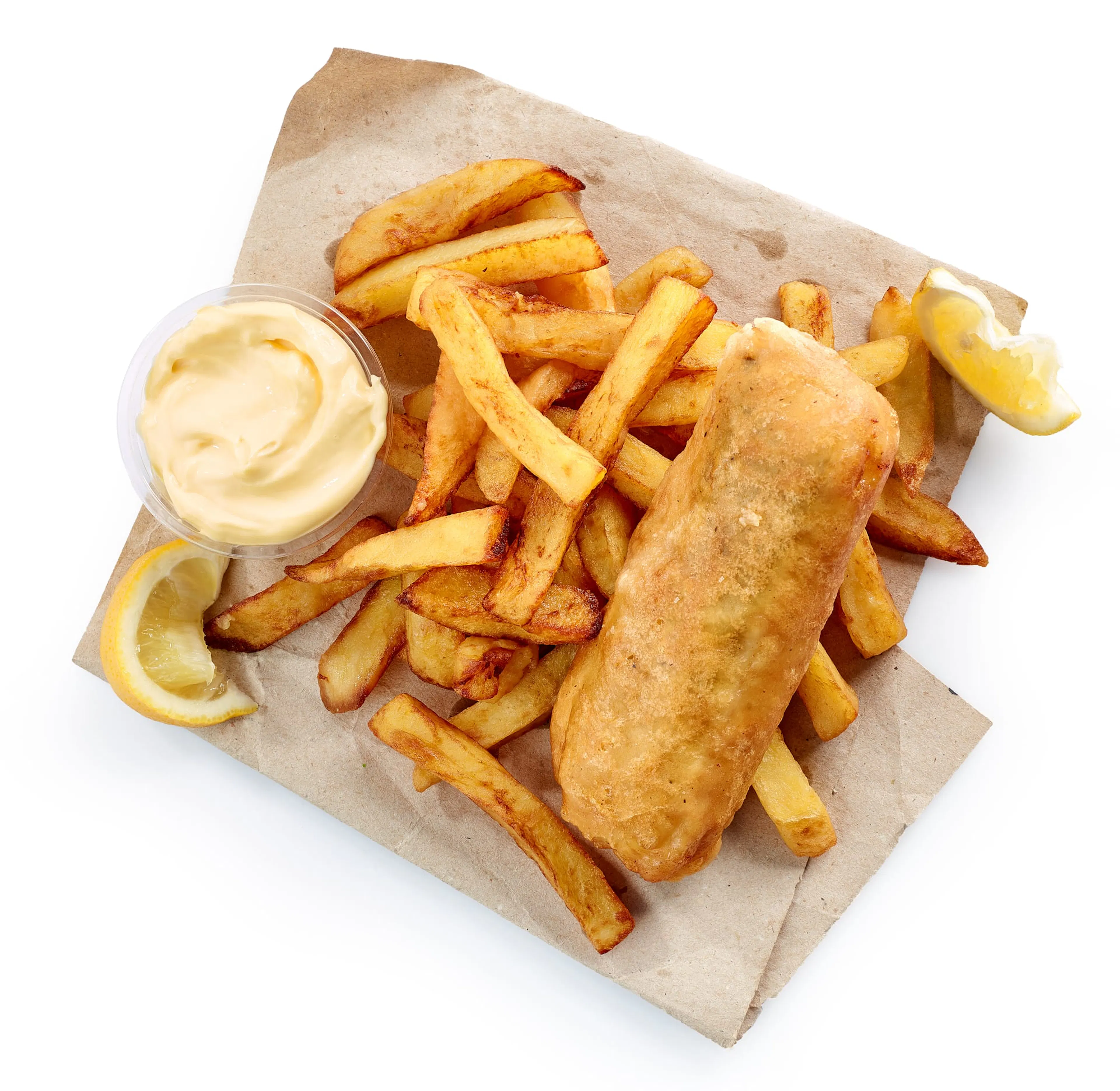Fish & chips med pommes, citron och dippsås