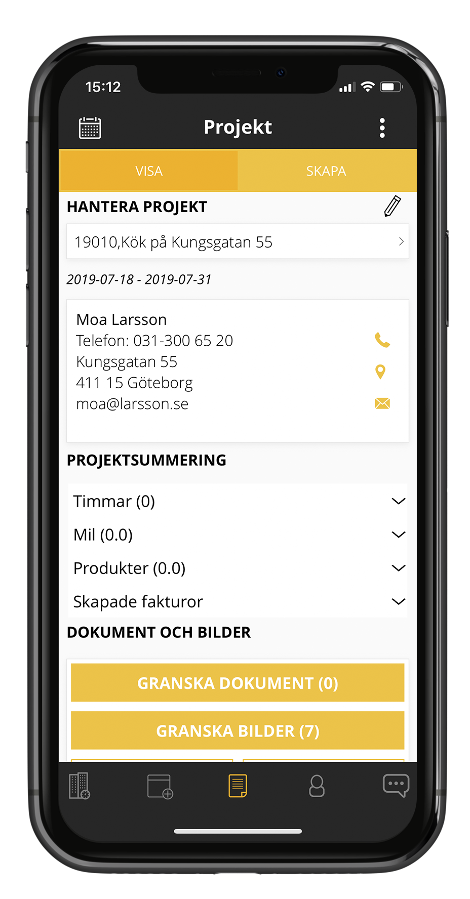 Projektvy i Struqturs byggbransch app
