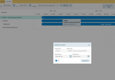 Ändra tiden för ett projekt direkt i planeringsverktyget