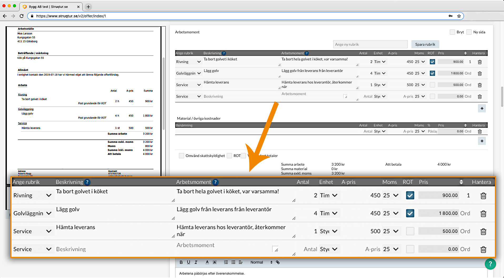 Arbetsmoment i Offert