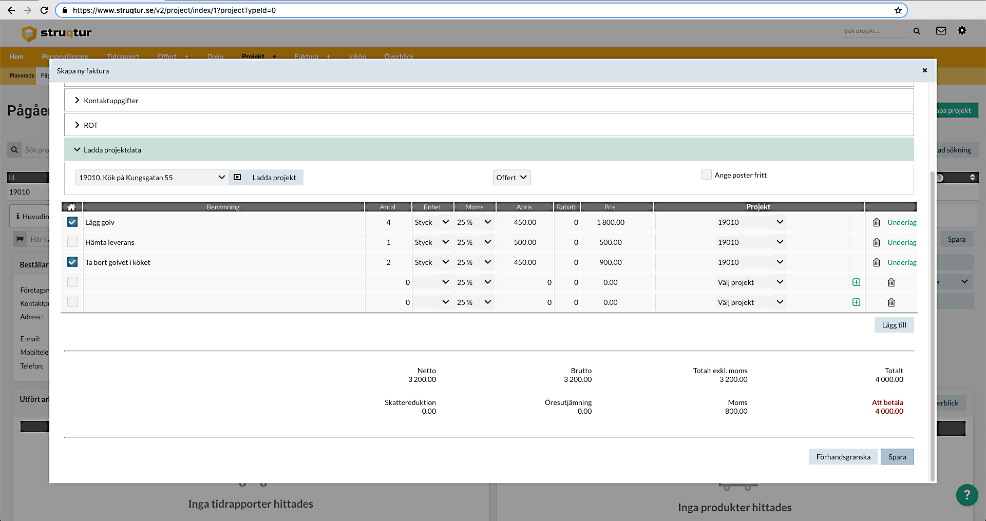 Arbetsmoment i Faktura