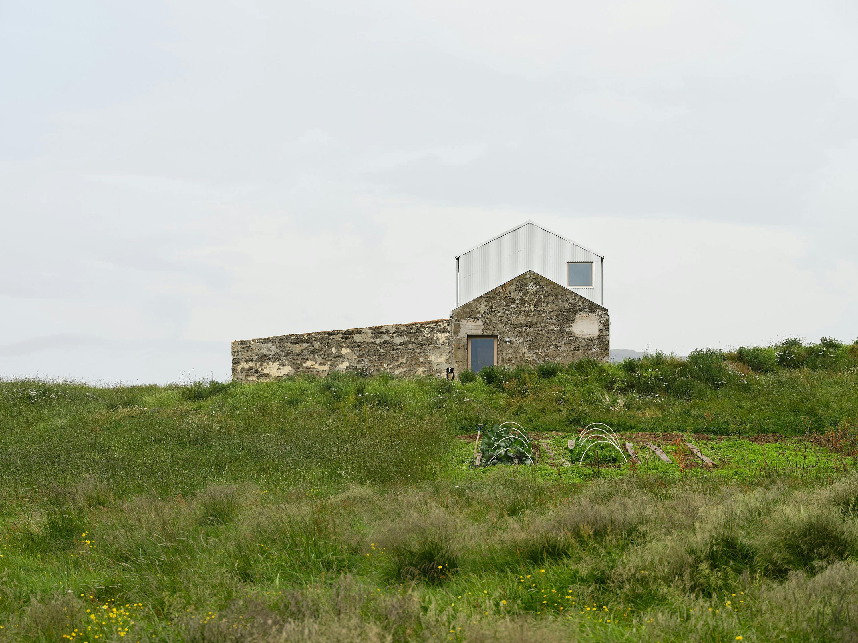 A slightly elevated, eye-level photograph of a building situated on a grassy hill. The building has a combination of rough stone walls and a light gray metal roof and upper walls. A single window is visible on the metal section. A dark-colored door is located in the stone section of the building. The building is situated on a grassy hill with tall grass and wildflowers. A small garden with arched supports is visible on the hillside. The sky is overcast and light gray. The overall aesthetic is rustic and minimalist, showing the contrast between the building's materials and the natural landscape.