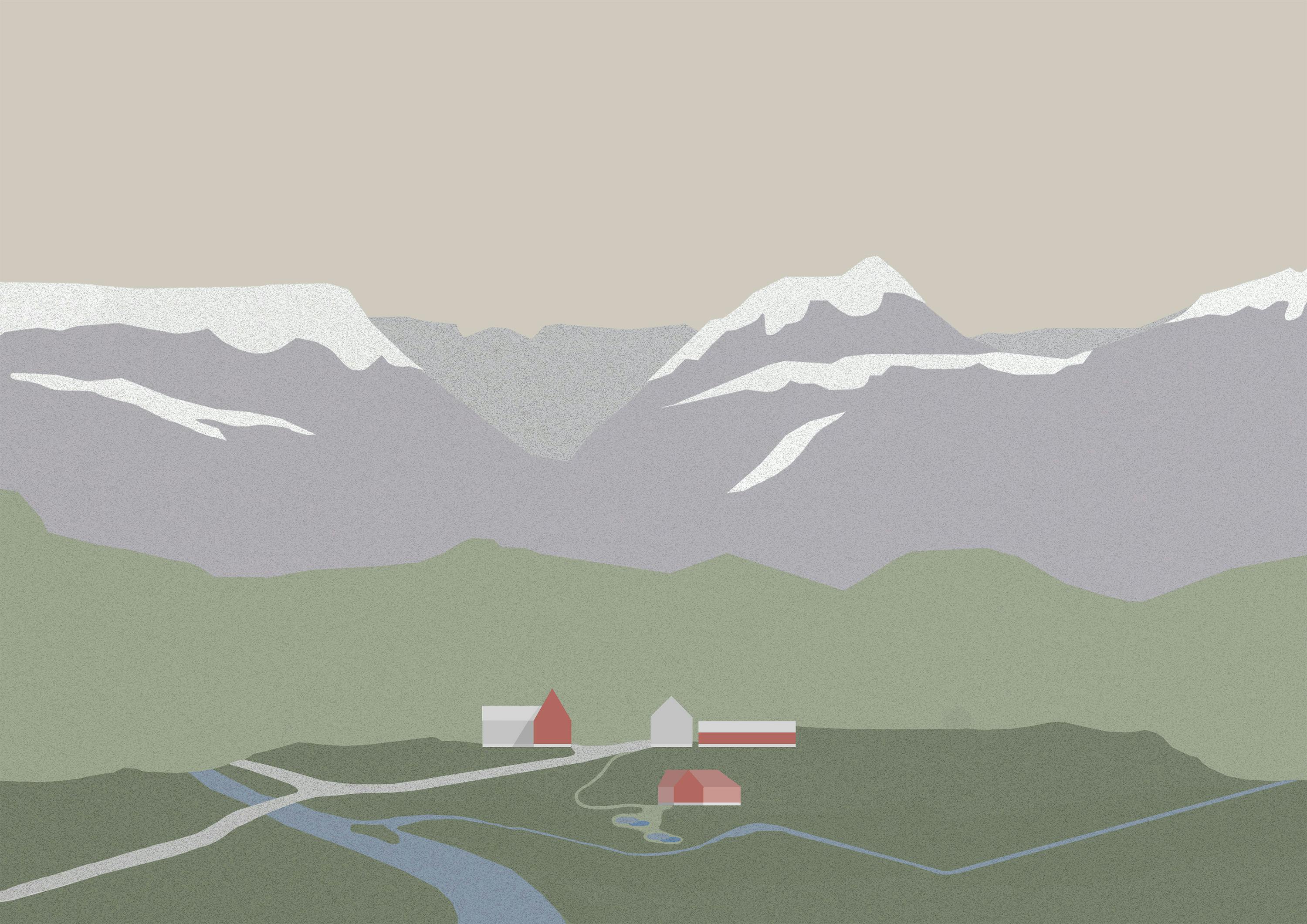 A minimalist, textured digital illustration of a mountainous landscape. The scene features layered mountains in shades of grey and green with snow-capped peaks in the background. In the foreground, there is a small settlement with a few simple buildings in muted red, white, and grey tones. A winding river and roads weave through the valley, adding depth and movement to the peaceful rural setting.