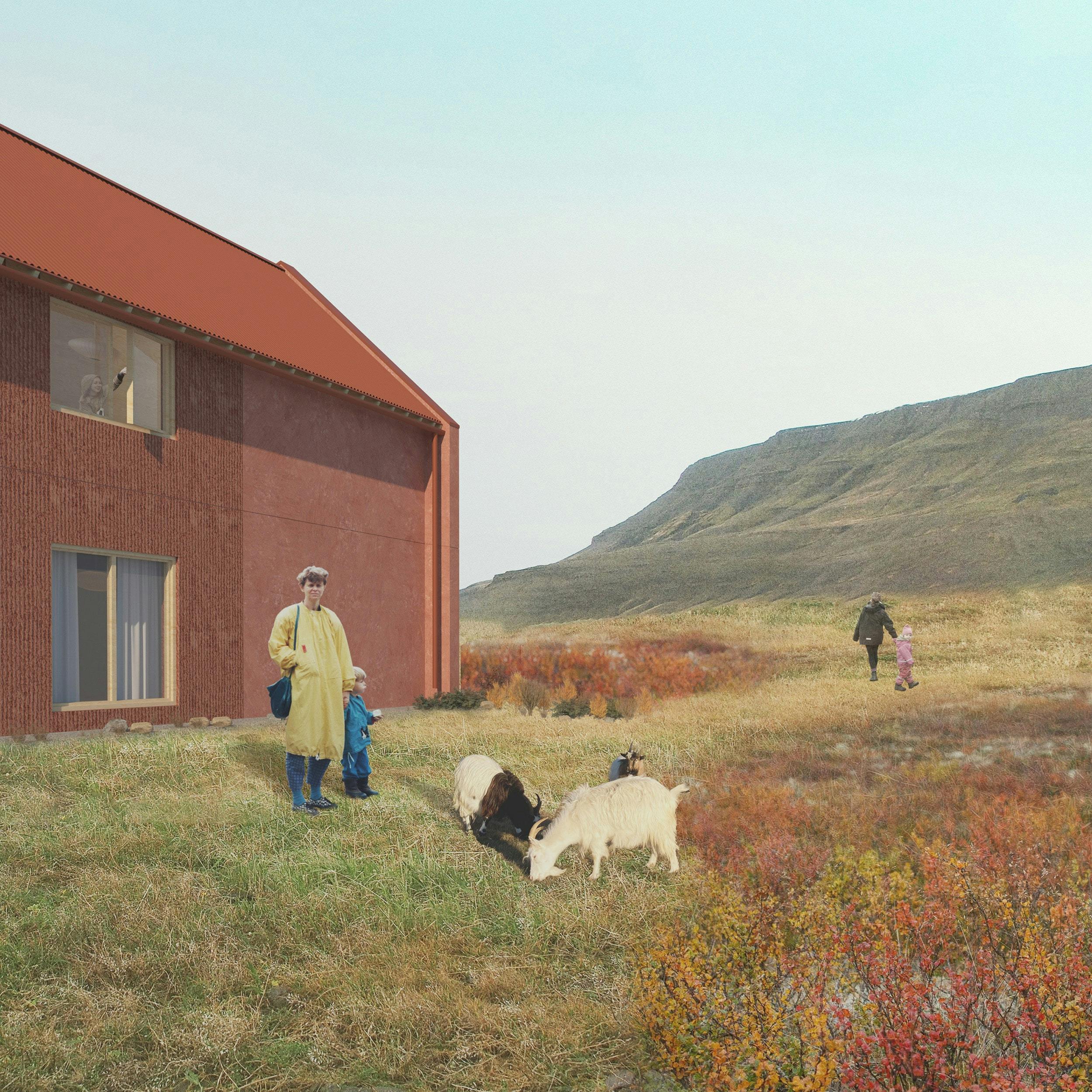 A digital illustration of a rural setting featuring a red, modern barn-like building with large windows. In the foreground, a person wearing a yellow coat stands with a young child dressed in blue, watching a small group of goats grazing on the grass. Another adult and child, dressed in dark and pink clothing, walk further into the open landscape, which consists of grassy fields with patches of red and orange vegetation. Rolling hills rise in the background under a soft blue sky. A figure is also visible through an upper window of the building, adding a sense of human presence in the scene.