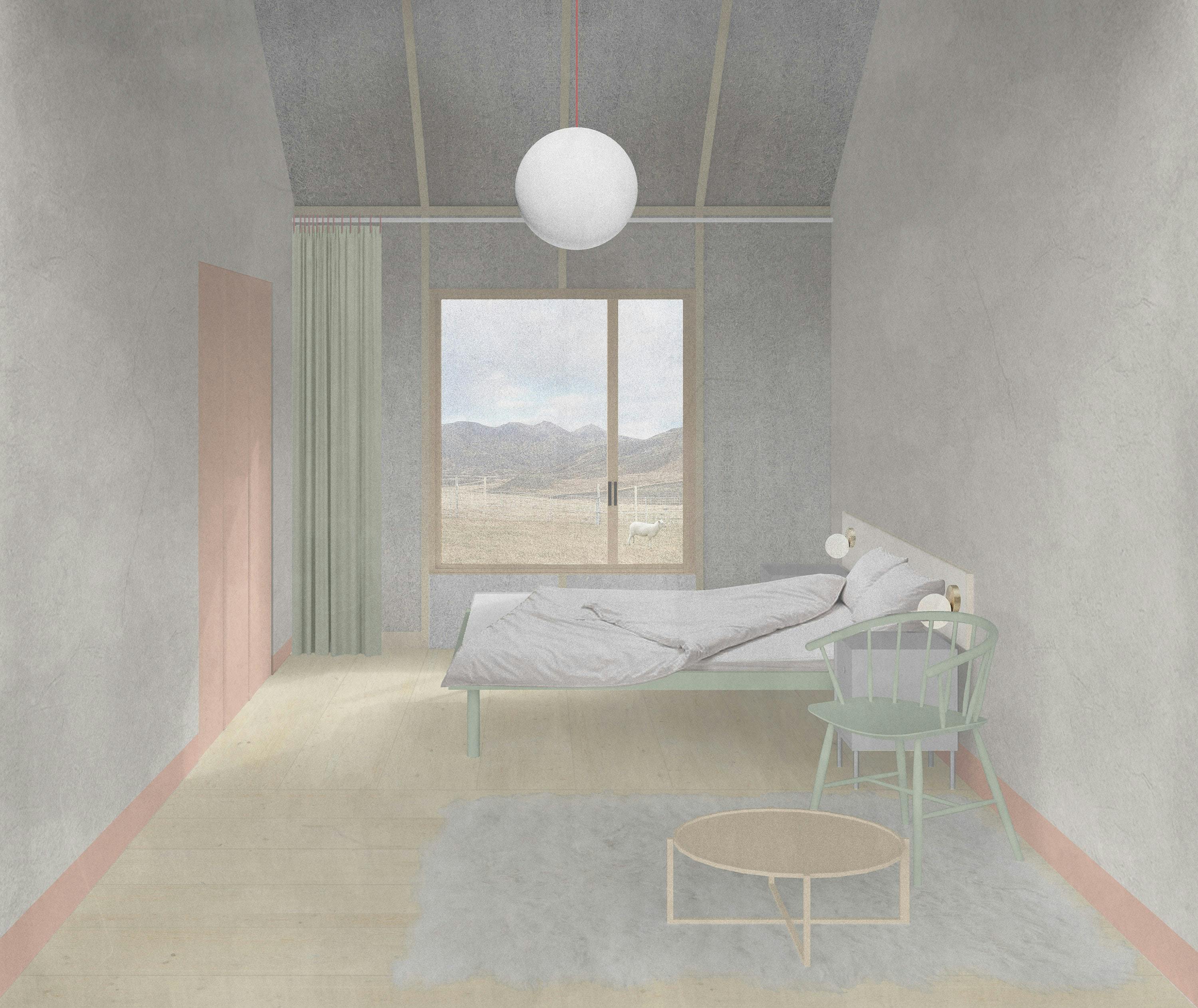 A minimalist bedroom with soft pastel tones, featuring a simple bed with a light grey duvet, a wooden headboard with built-in lamps, and a mint green chair next to a small round table. The room has a large window with a view of rolling hills and a white animal outside. A sheer green curtain partially covers the window, and a soft-textured rug lies on the wooden floor. The walls and ceiling are finished in a muted grey tone, with subtle pink trim accents.