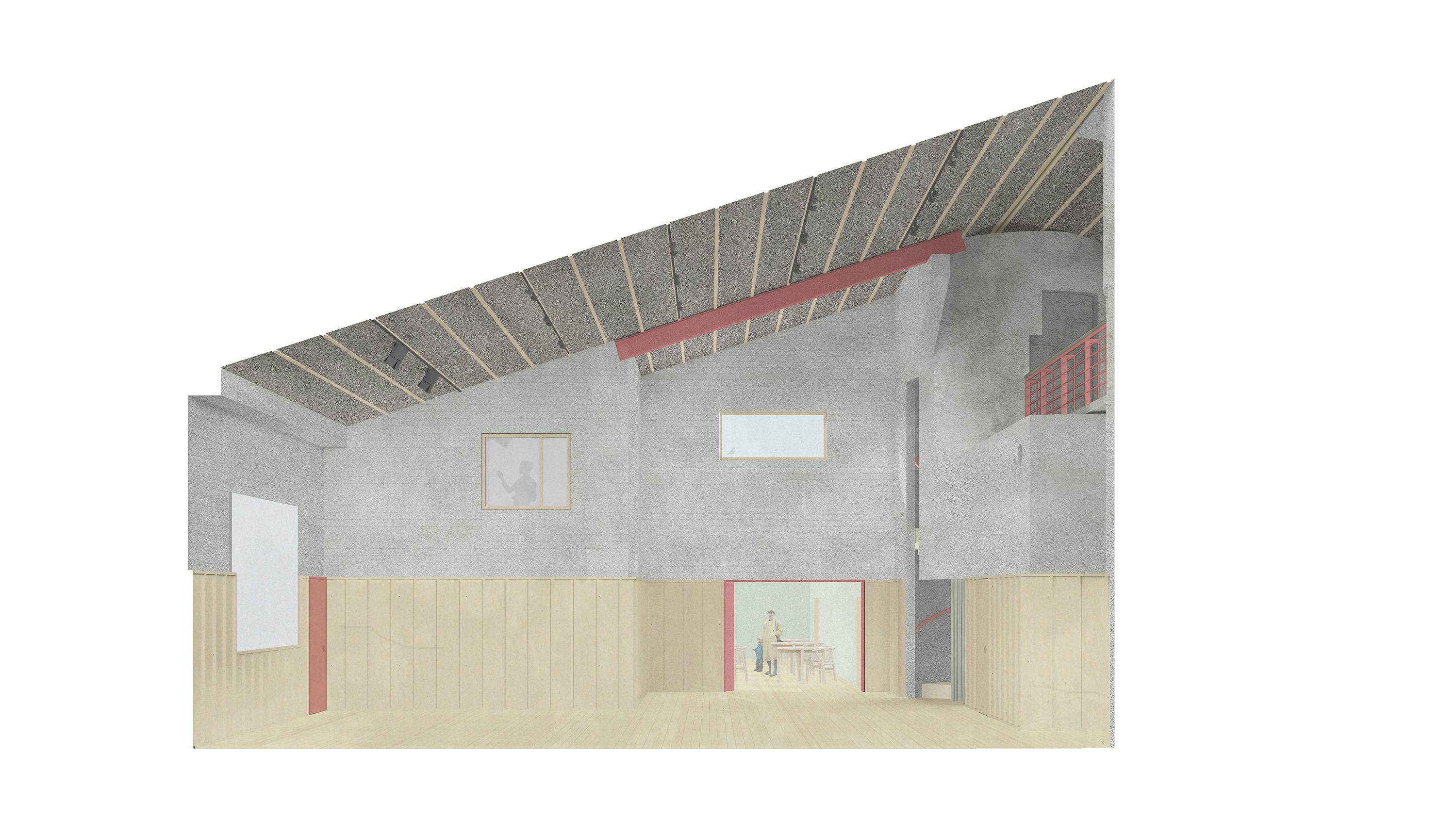 An architectural section drawing of an interior space with an asymmetrical sloped ceiling supported by exposed beams. The walls combine raw concrete and light wooden panelling, with red structural elements providing contrast. A mezzanine level with a red railing is visible on the right. There are multiple windows, including one showing a silhouette of a person. The lower portion of the image reveals a doorway leading to another room, where two people are gathered around a wooden table. The space has a minimalist aesthetic with muted tones and soft lighting.
