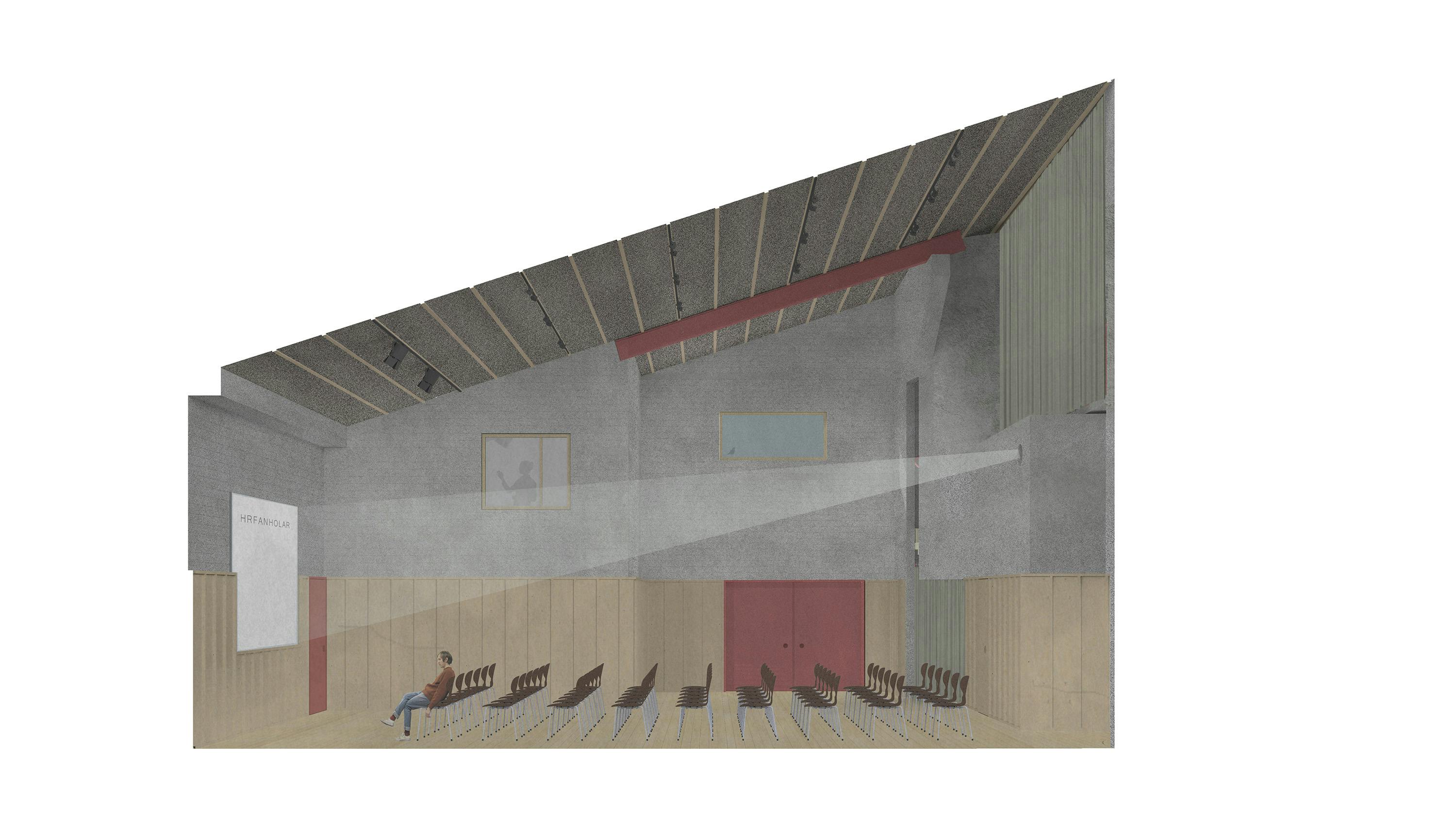 An architectural section drawing of a theatre or auditorium space with an asymmetrical sloped ceiling featuring exposed beams. The walls are a mix of raw concrete and wooden panelling, with red structural elements. A row of black chairs is arranged in a seating area, with a single person sitting among them. A projection screen labelled 'HRFANHOLAR' is mounted on the left wall, with a beam of light directed towards it. A small window above shows the silhouette of a person. The back of the room has red double doors and a mezzanine level with a green-panelled wall.