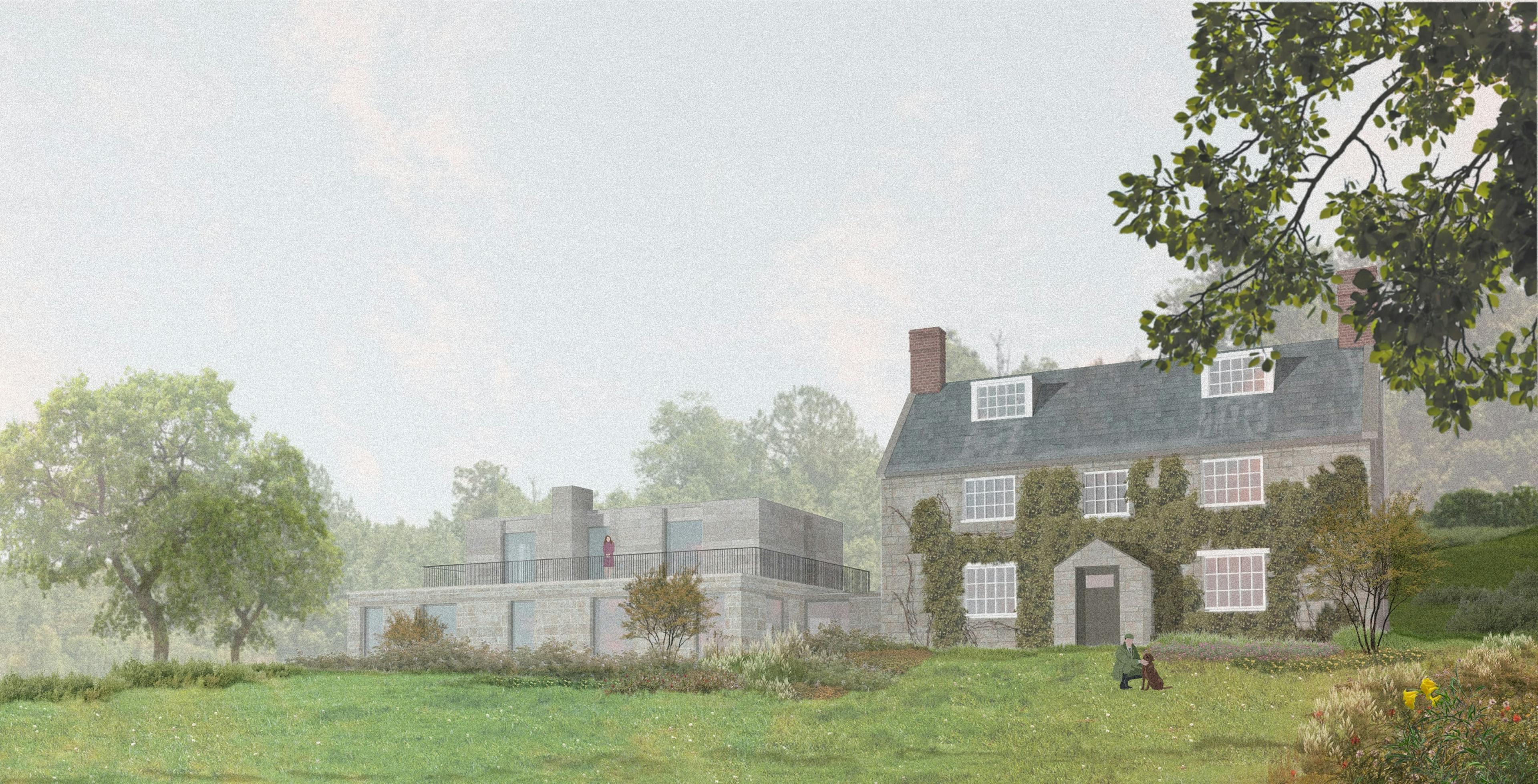 An architectural rendering of Greenstone House depicts two buildings: a traditional stone house with a pitched roof and a modern building with flat roofs. The buildings are situated in a green landscape with trees and foliage. A person is seated near the stone house.