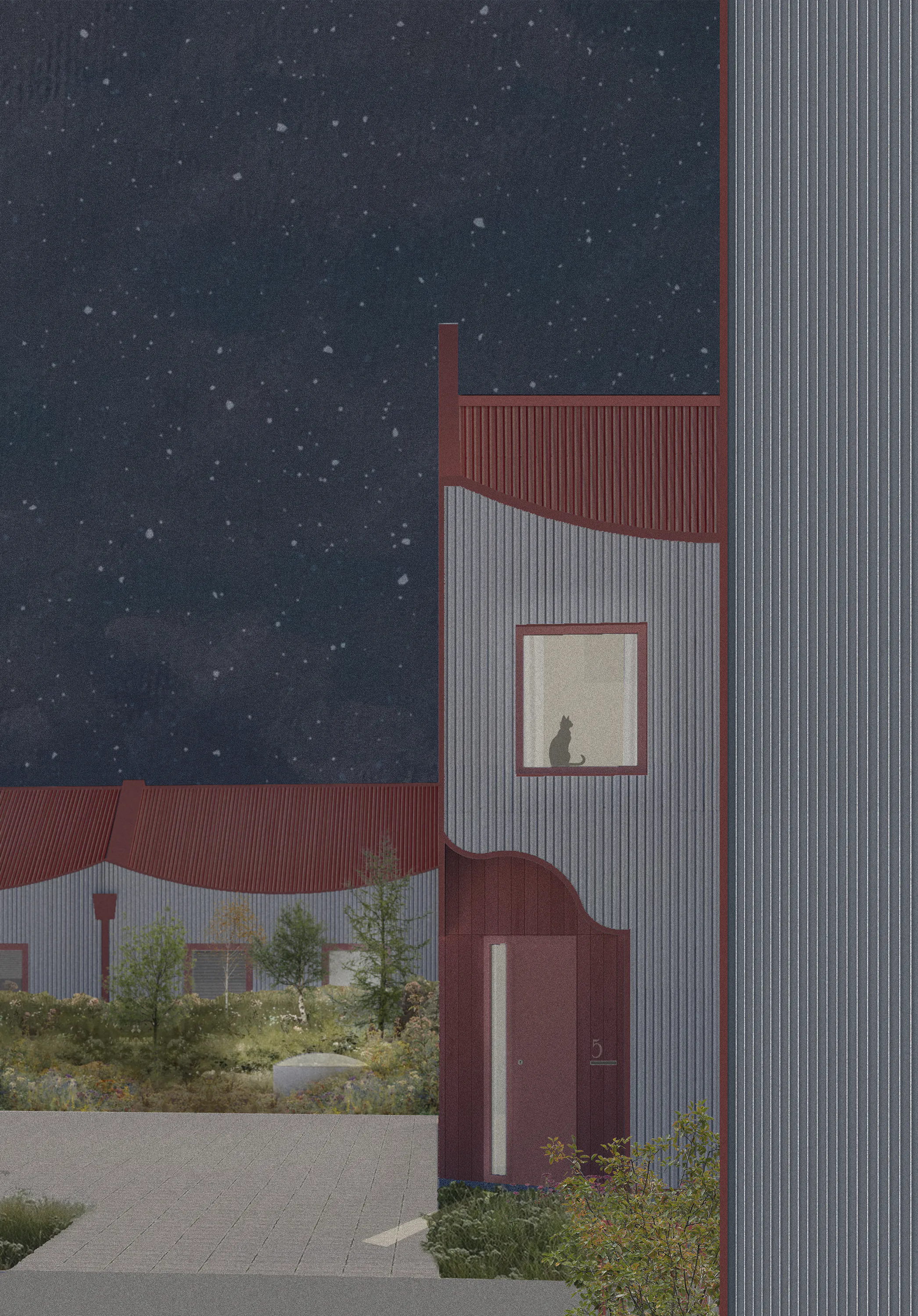 Nightime Architectural collage of a housing scheme in iceland by Studio Bua