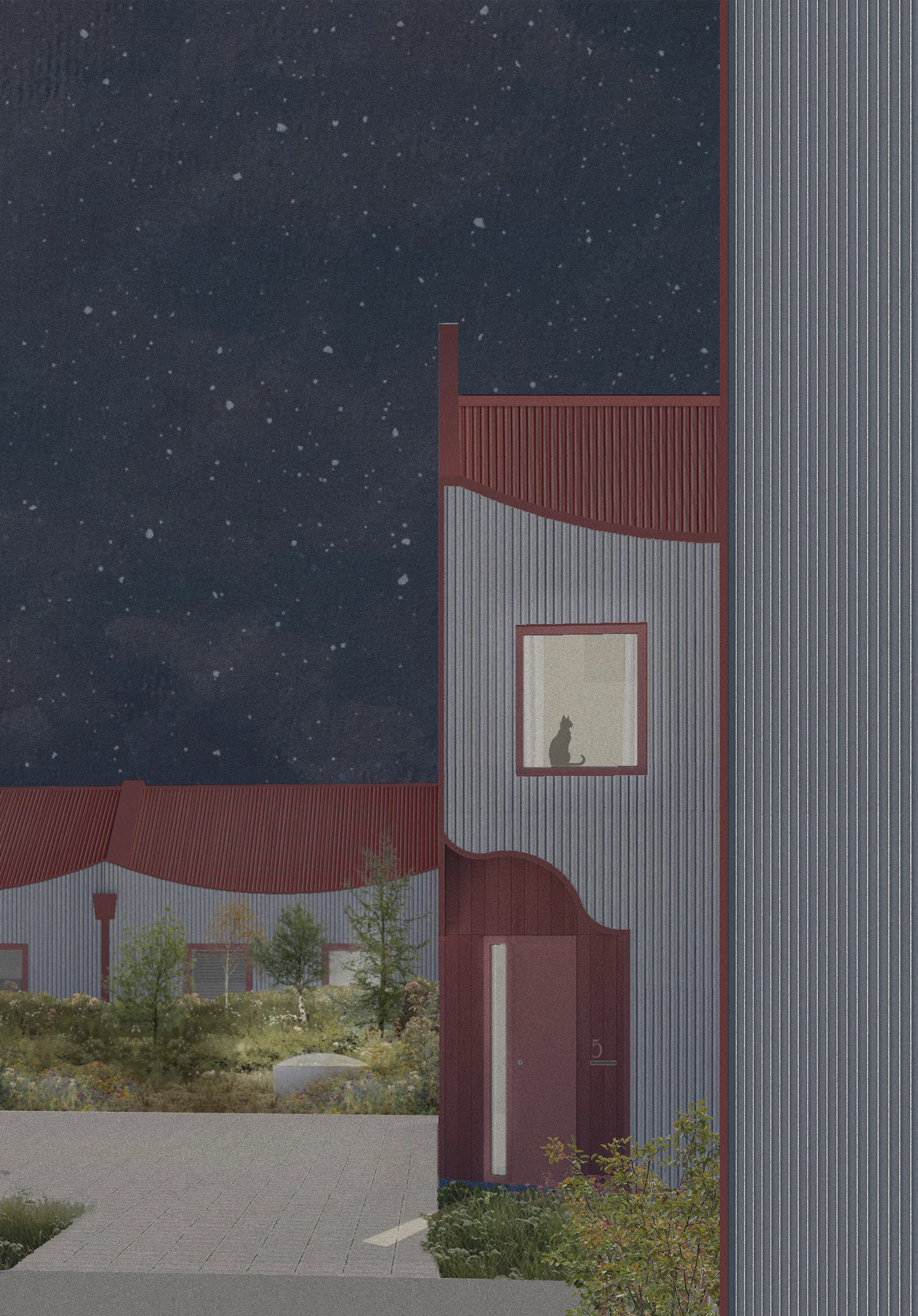 Nightime Architectural collage of a housing scheme in iceland by Studio Bua