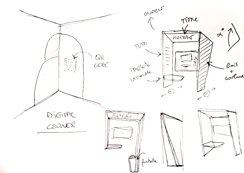 Une planche de recherche sur le design d'espace et de mobilier de la Caisse d'Épargne.