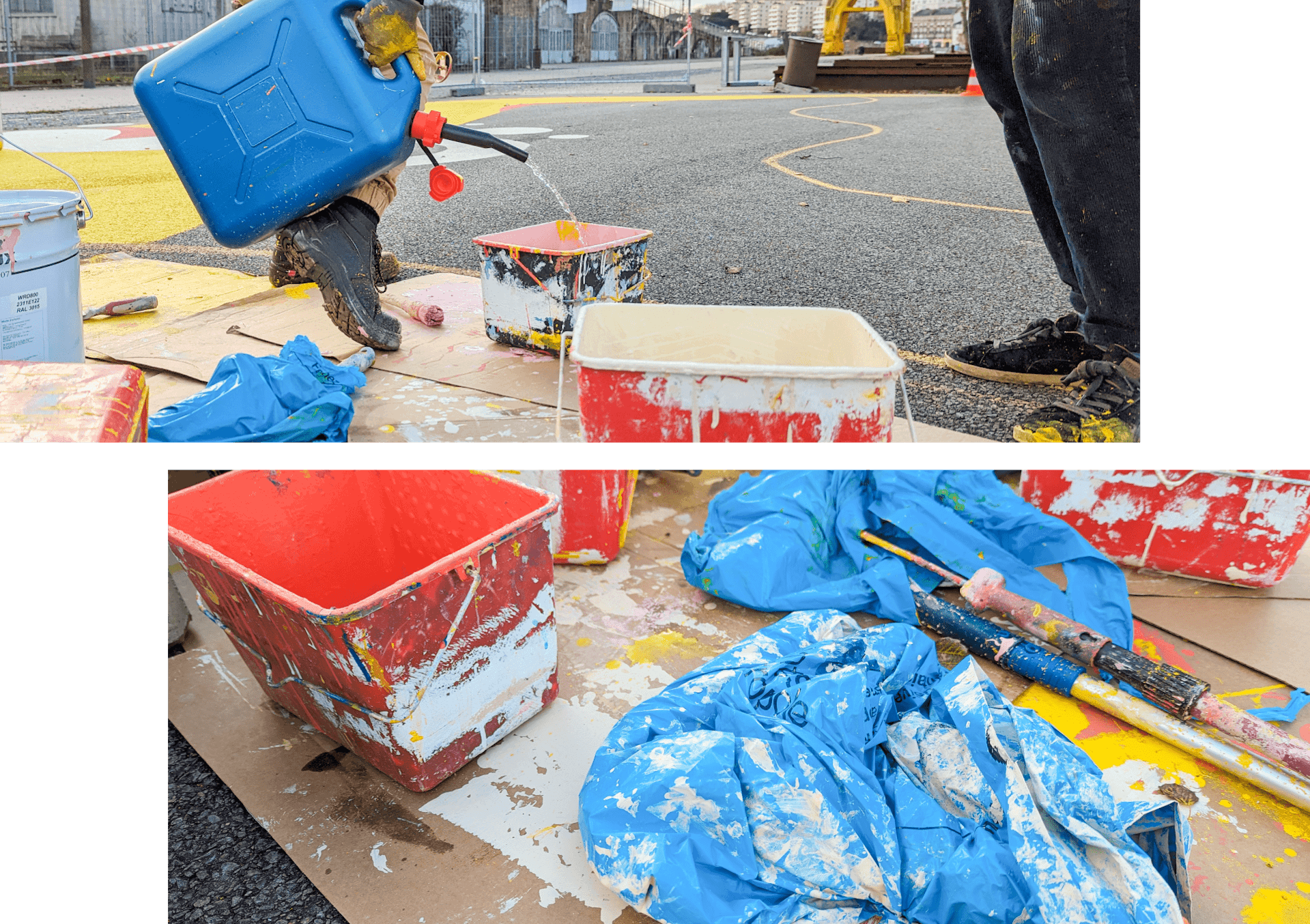 Du matériel de peinture utilisé sur le chantier de l'espace Alice Milliat à Nantes. Un homme remplit un bac de peinture d'eau.