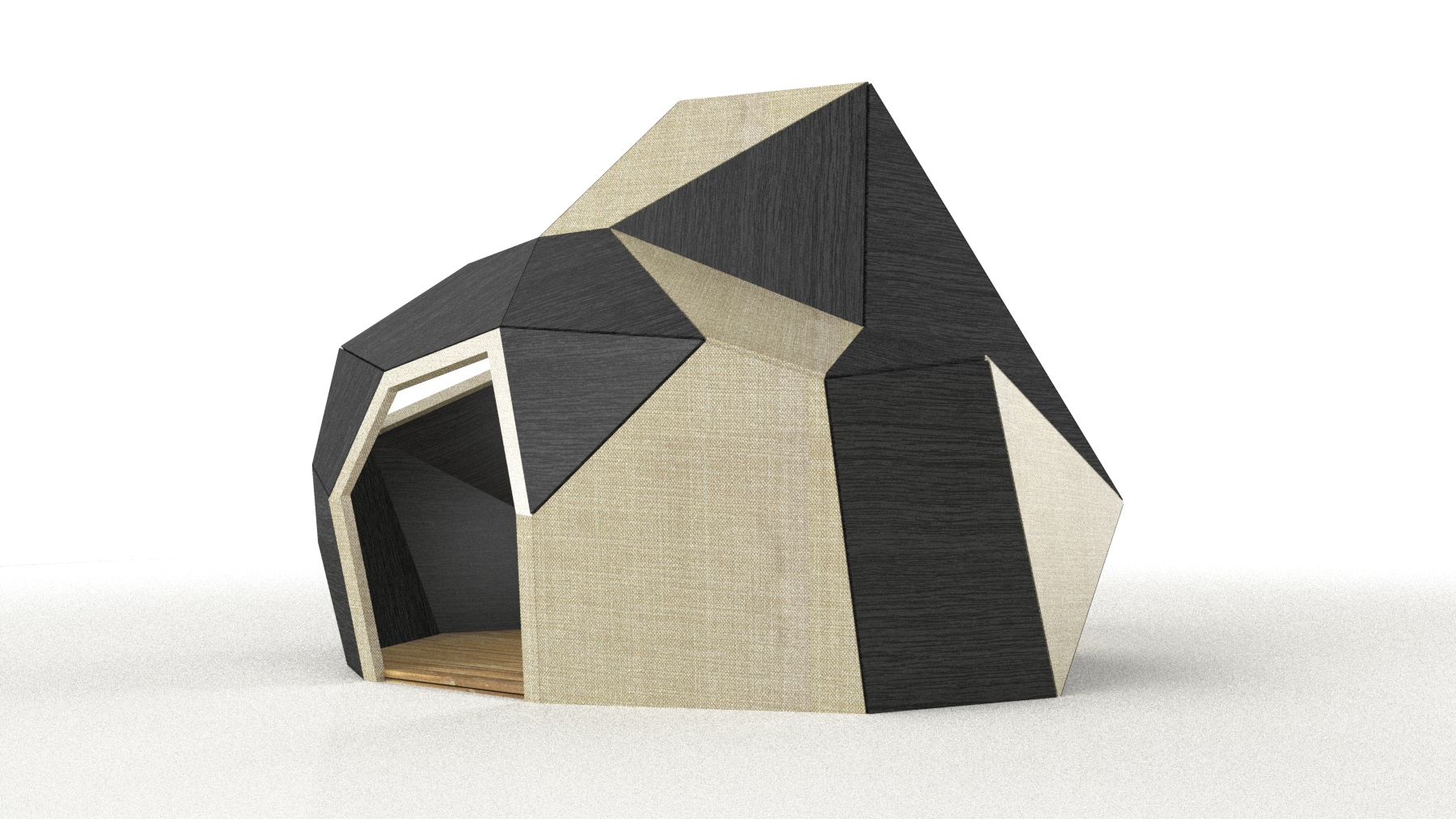 Modélisation 3 dimensions d'un module en bois. Certaines faces sont brûlées et d'autre non, créant un jeu de teintes bicolores.